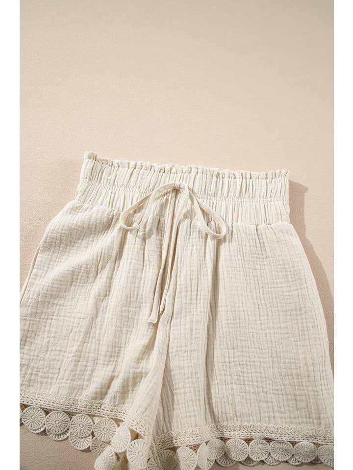 Apricot Textured Frilled Knotted High Waist Lace Hem Shorts for wholesale on Faire5