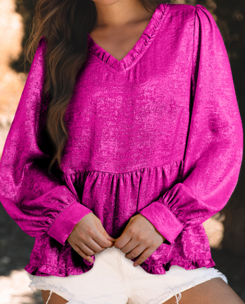 Lovesoft – wholesale Blus - Dam – Guld Metallic Volangerad V-ringad puffärm Babydoll-blus3