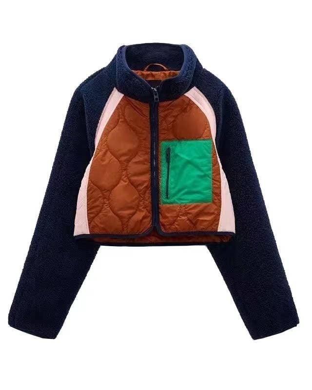 Color Retro Quilted Colorblock Jacket with Green Pocket for wholesale on Faire0