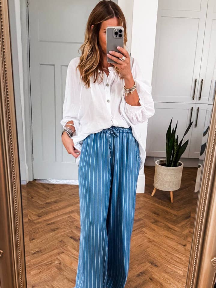 Blue Stripe Chambray Wide Leg Tied Elastic Waist Trousers for wholesale by Lovesoft