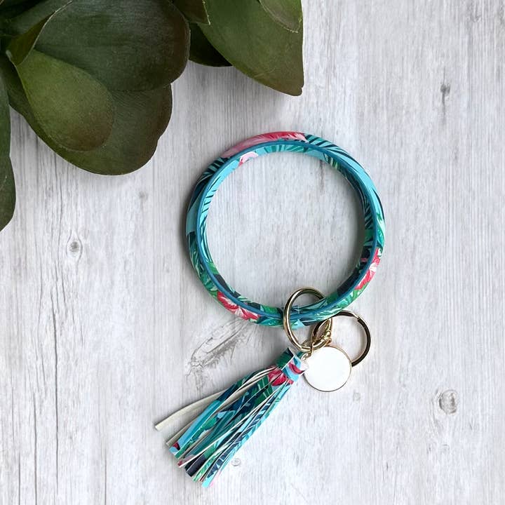 iconic mi - Wholesale Keychain Bracelet - Bangle Bracelet Keyring with Tassel Wristlet Tropical Leaves2