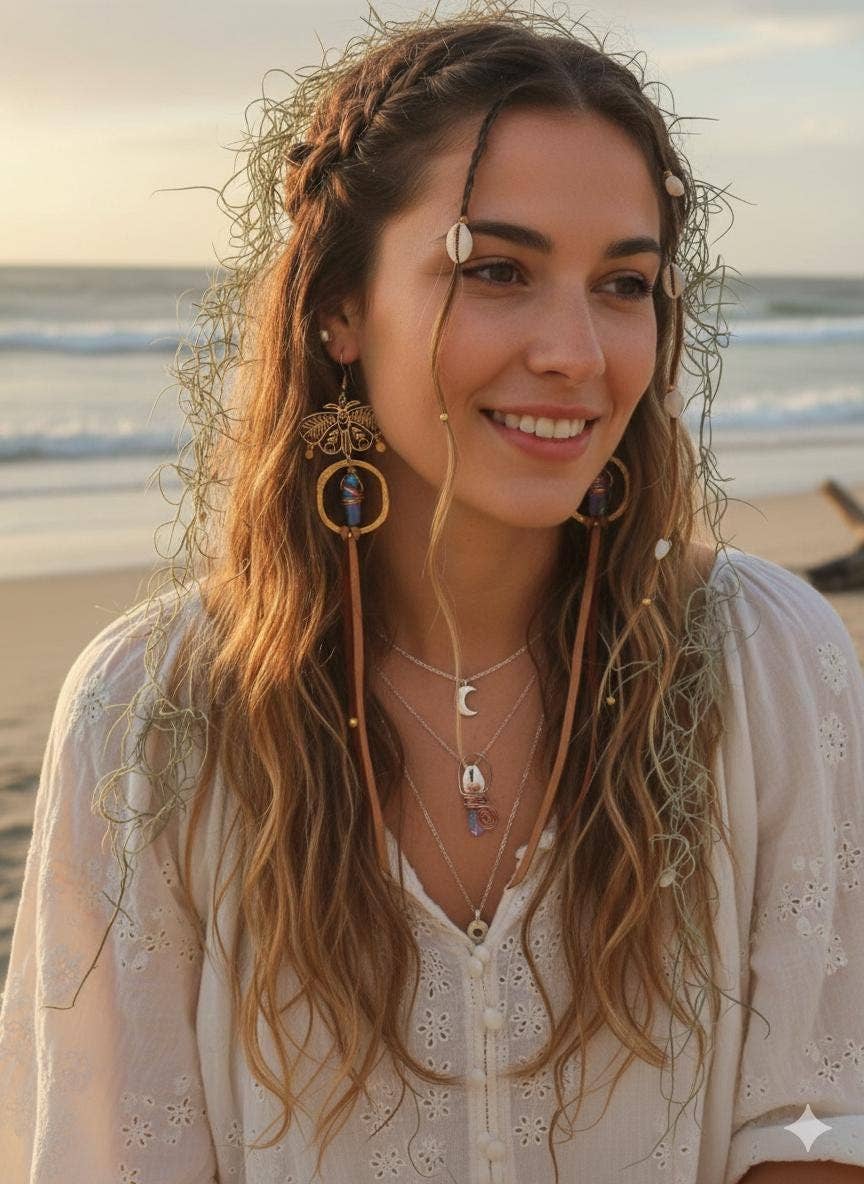 Sea Gypsy Designs - Wholesale Dangle earrings - Mystic Moth Rainbow Aura Quartz Leather Hoop Earrings