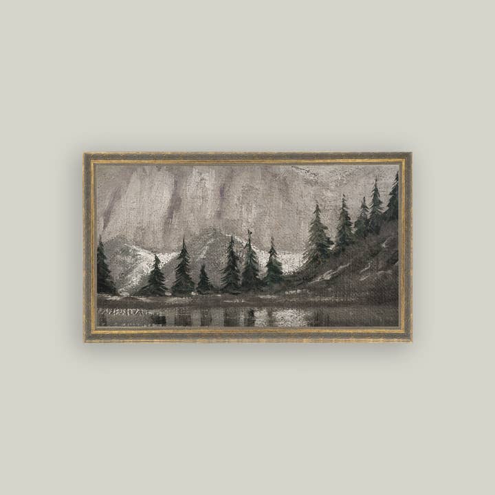 Petal Lane Home – wholesale Väggkonstset – Dämpad furu och sjö inramad antik konst1