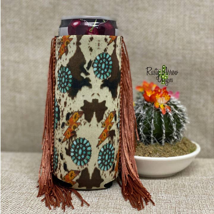Slim Cowprint Turquoise Stone & Bolts Fringe Koozie for wholesale by RAD Wholesale