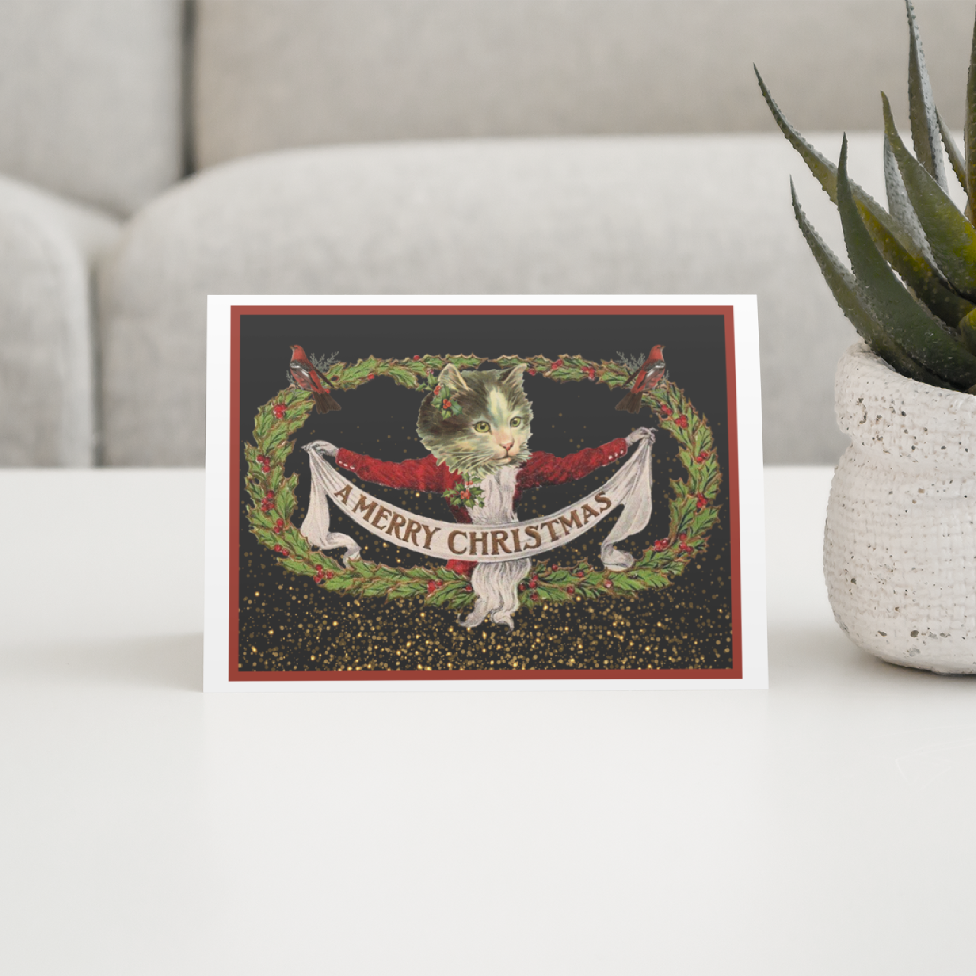 Cheerful Whimsies - Wholesale Christmas Card - Christmas Card. Vintage Cat With Banner.1
