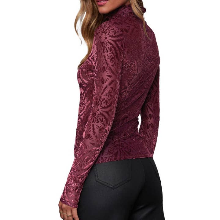 safistyle - Wholesale Blouse - Women's - High Neck Velvet Printed Long-Sleeve Top9