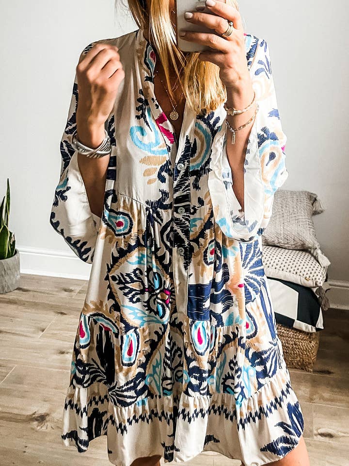 Mini-jurk met tribalprint, armbandmouwen en knopen voor wholesale door Lovesoft