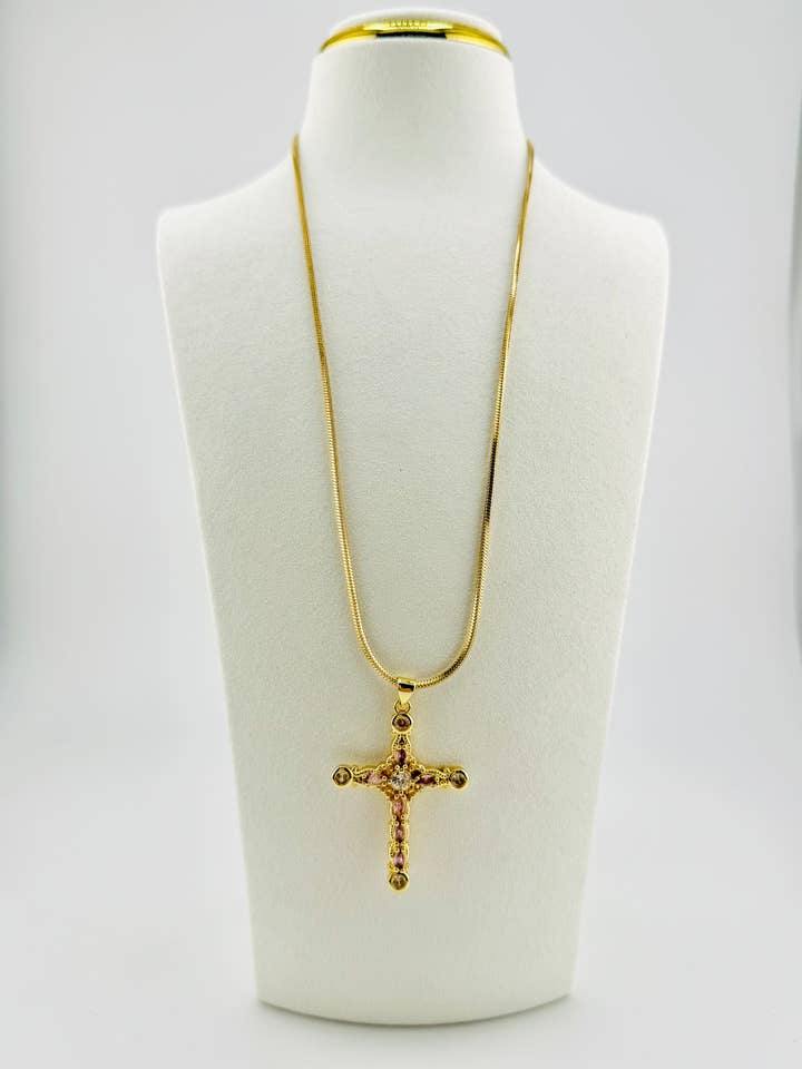 Cross Necklace in 18k gold filled and cubic zirconia for wholesale by Bella Blu Designs
