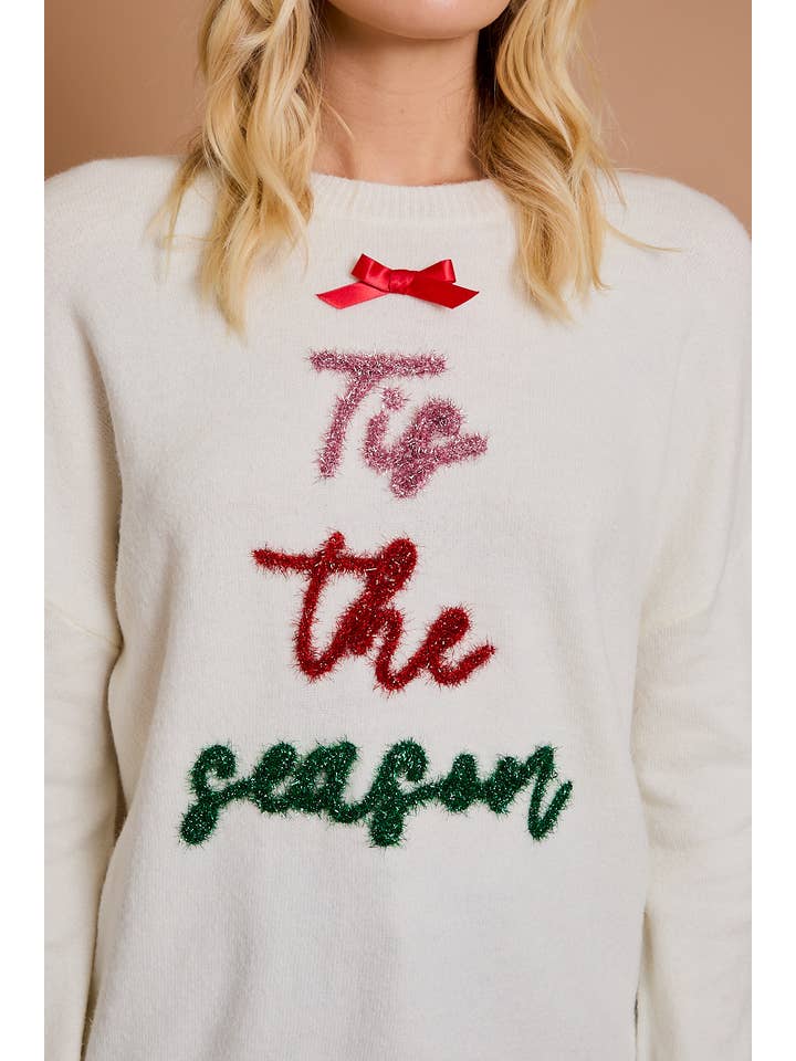 CREAM ROUND NECK LONG SLEEVE "TIS THE SEASON" NOVELTY SWEATER for wholesale on Faire