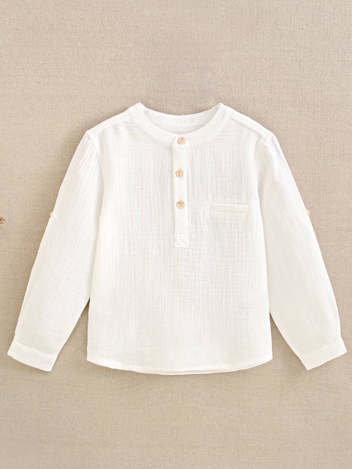 Wit jongensoverhemd met mao-kraag en afneembare lange mouwen van bambulastof voor wholesale door Dadati