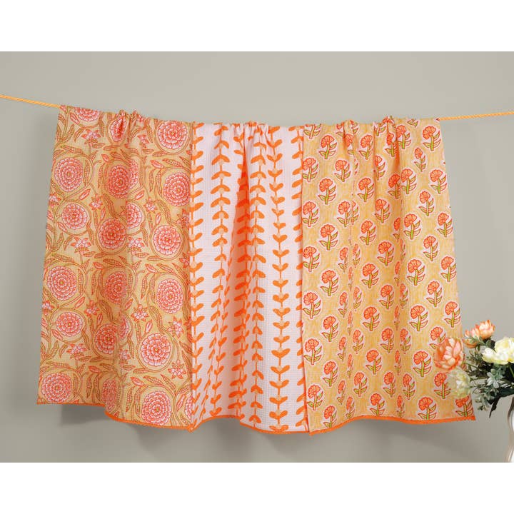 Marigold Block Print Cotton Kitchen Towel Set for wholesale by Tiramisu