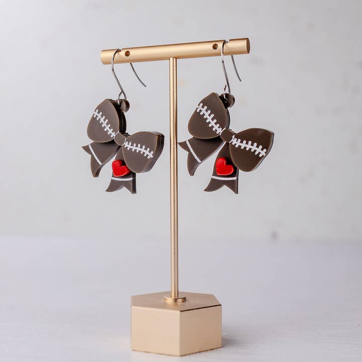 Football Bow Earrings – Custom Heart Color Sports for wholesale by Aspen and Lark