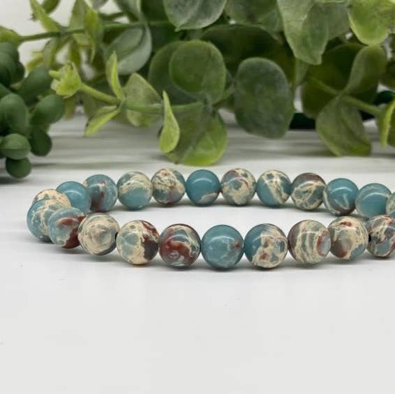 Braccialetto elastico in diaspro in pelle di serpente con perline da 8 mm, 7,5" L per la vendita all'ingrosso da parte di Meraki Gemstones