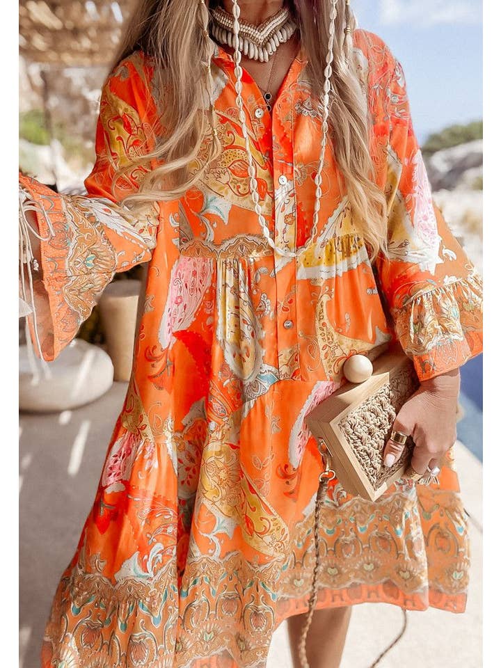 Kurt Muller - Wholesale Dress - Women's - Orange Paisley Smock Tunic Dress