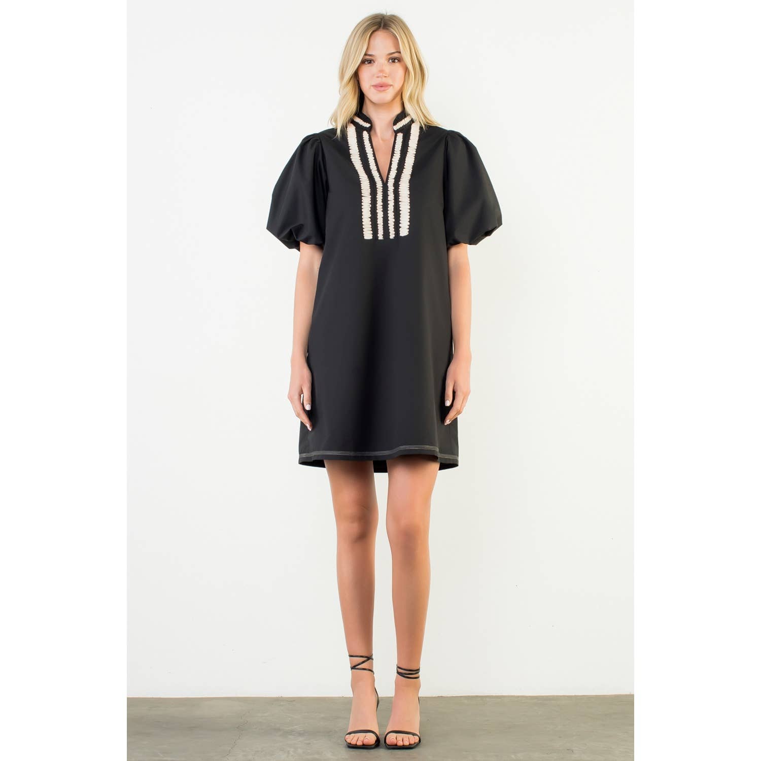 BLACK Puff Sleeve Embroidered Textured Dress for wholesale on Faire0