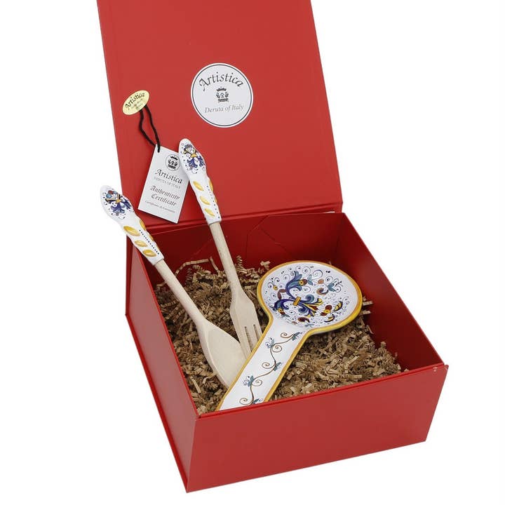 GIFT BOX: DeLuxe Glossy Red Gift Box with Spoon rest + Pair of Utensils in Ricco Deruta Design (Set as shown) for wholesale by Artistica - Deruta of Italy