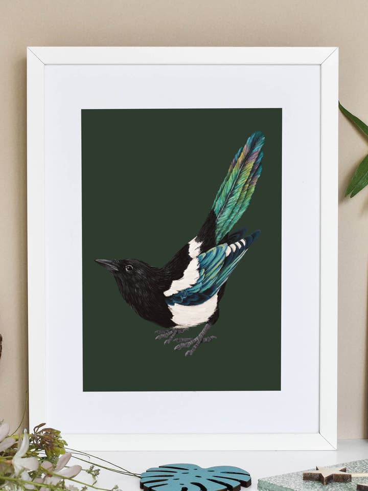 Eurasian Magpie illustration print, British Wildlife art for wholesale by Ferne Creative