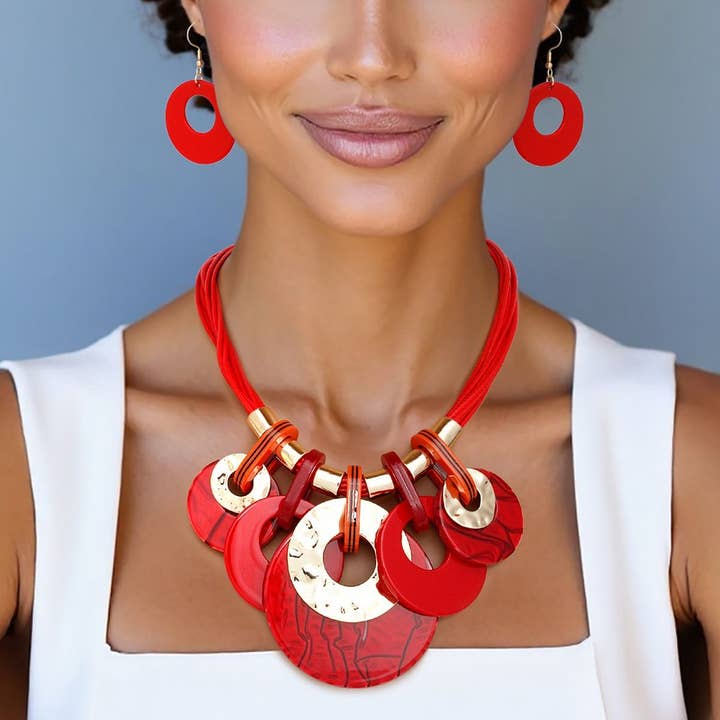 Collar Red with Gold Cord and Disc Necklace Set for wholesale by PinktownUSA