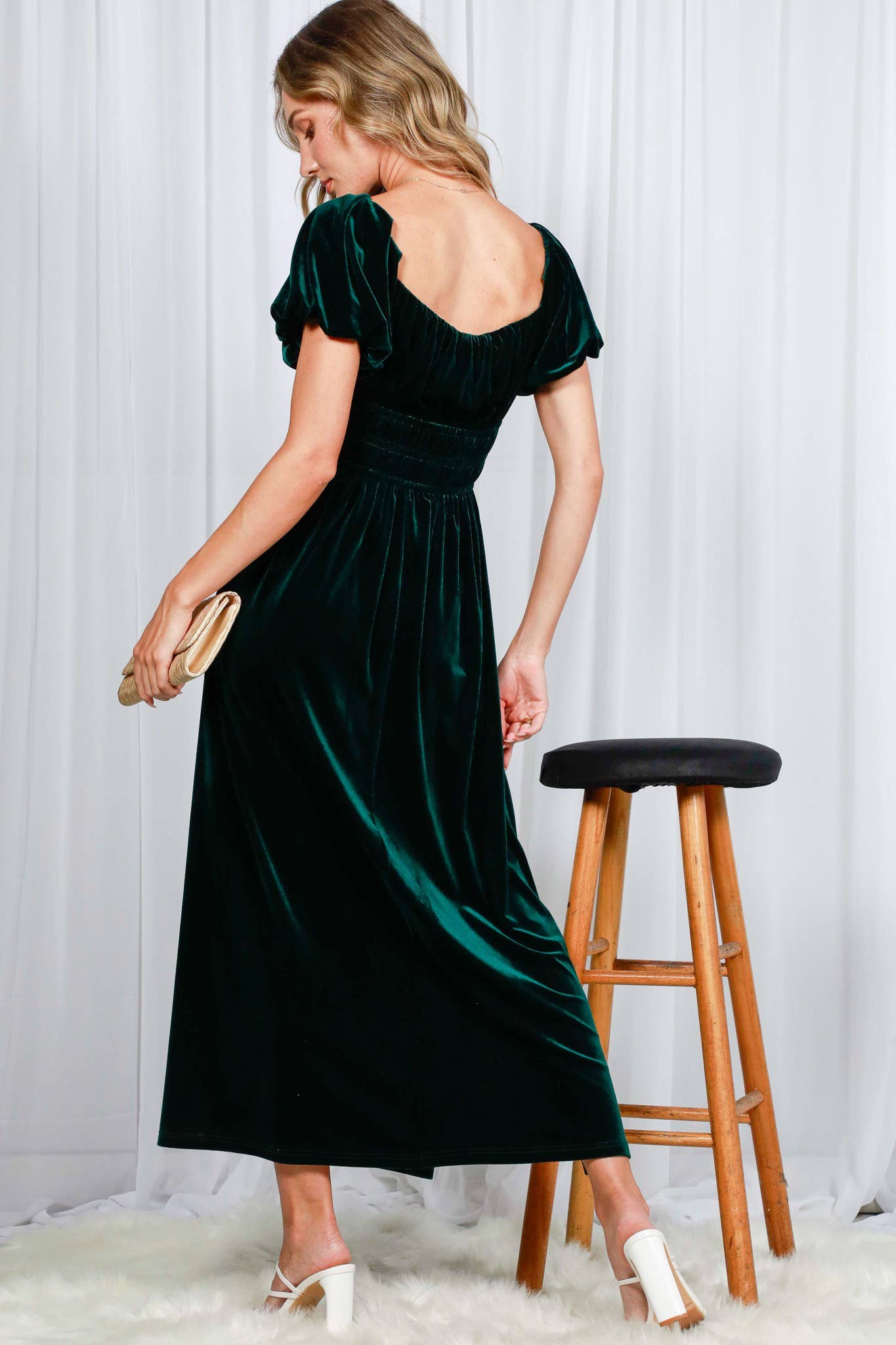 Vine & Love - Wholesale Dress - Women's - Square Neck Puff Sleeve Smocked Velvet Maxi Dress VD82053 12