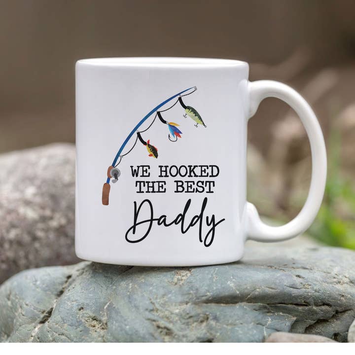 Hooked Best Dad Mug Fishing Theme, Fathers Day Coffee Cup for wholesale by Canary Road