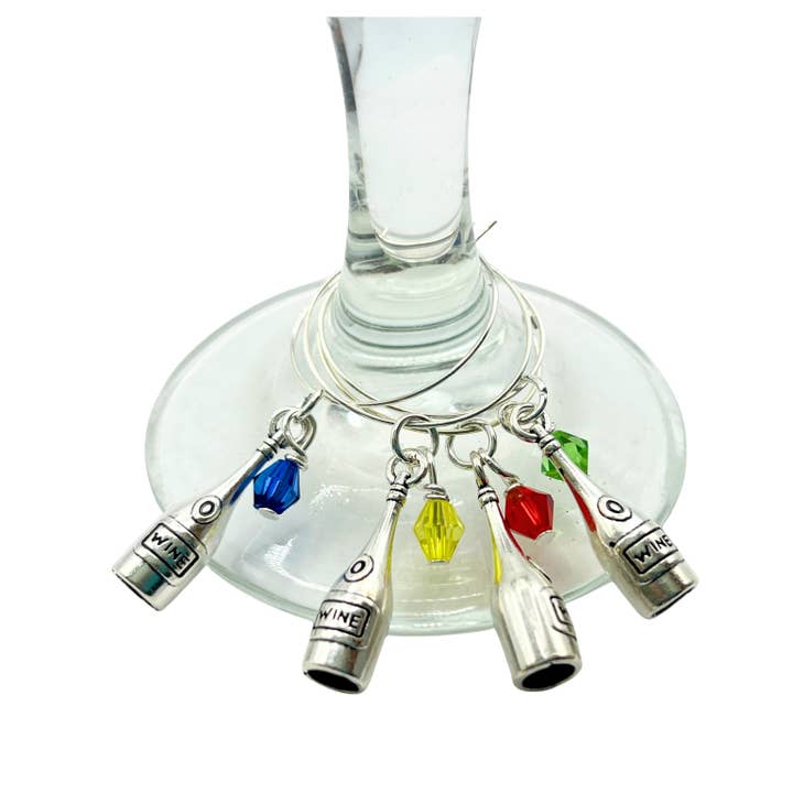 Set of 4 Wine Glass Charms - Cute Wine Bottle Design Charms for wholesale by EarthlieTreasures