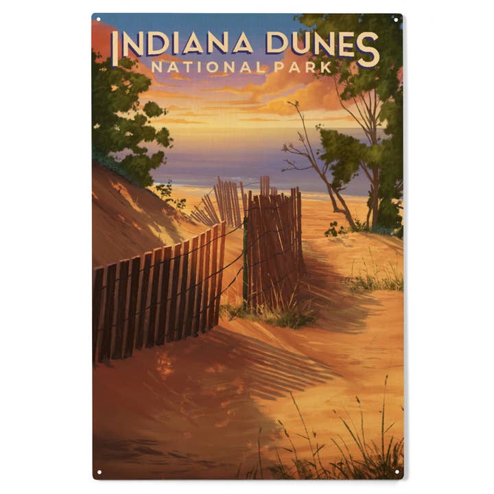 Pittura a olio con cartello in legno del Parco nazionale delle dune dell'Indiana per la vendita all'ingrosso da parte di Lantern Press