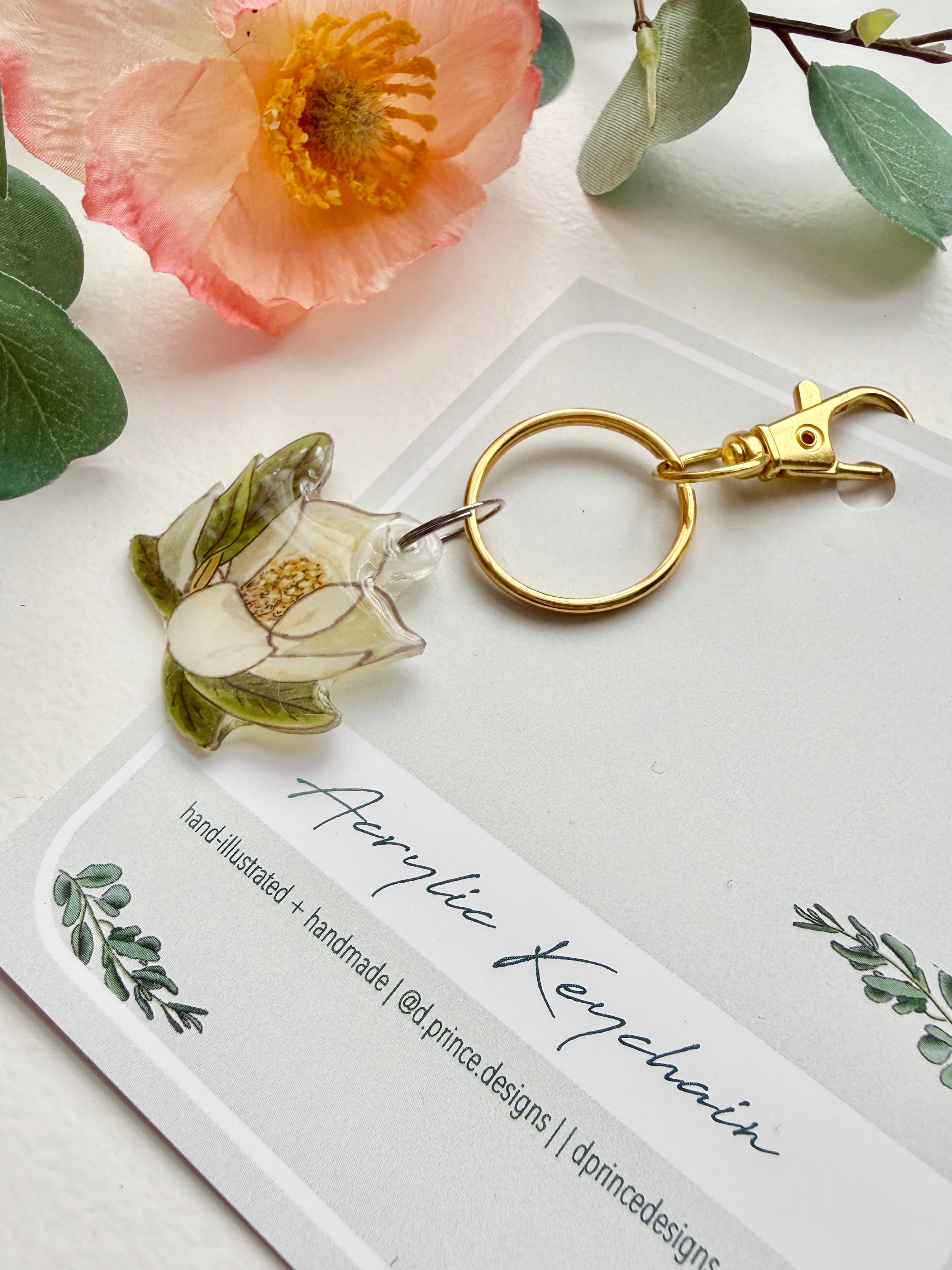 D. Prince Designs - Wholesale Keychain - Women's - Hand-Illustrated Southern Magnolia Flower | Handmade Acrylic + Resin Keychain1