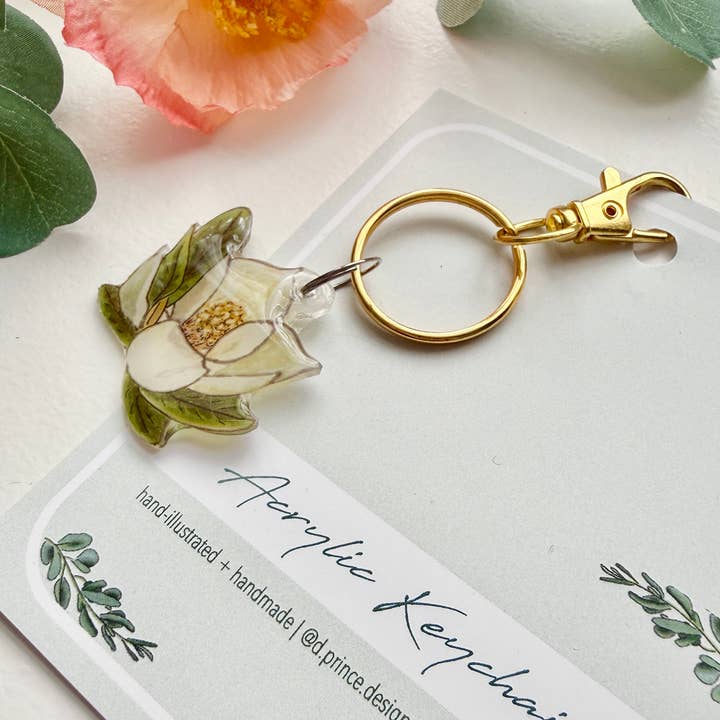 D. Prince Designs - Wholesale Keychain - Women's - Hand-Illustrated Southern Magnolia Flower | Handmade Acrylic + Resin Keychain1