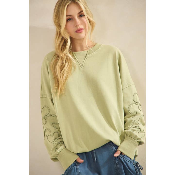 Sage SQUIGGLE SLEEVE PULLOVER SWEATSHIRT (ST7971) for wholesale on Faire