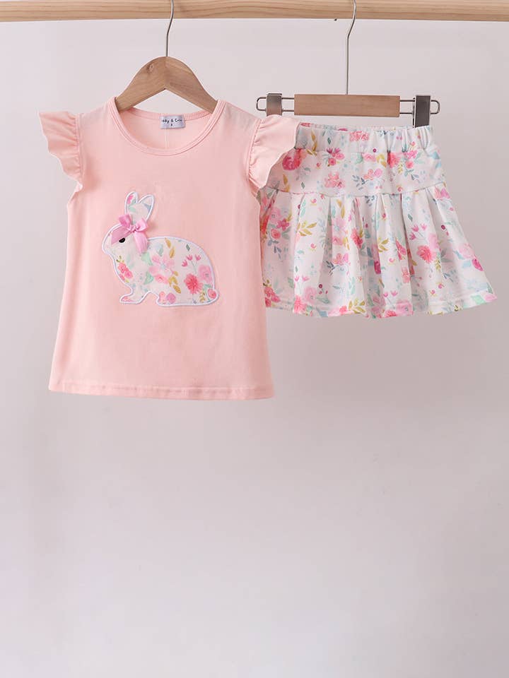 Pink floral bunny applique skorts set for wholesale by Aspen Rain Boutique