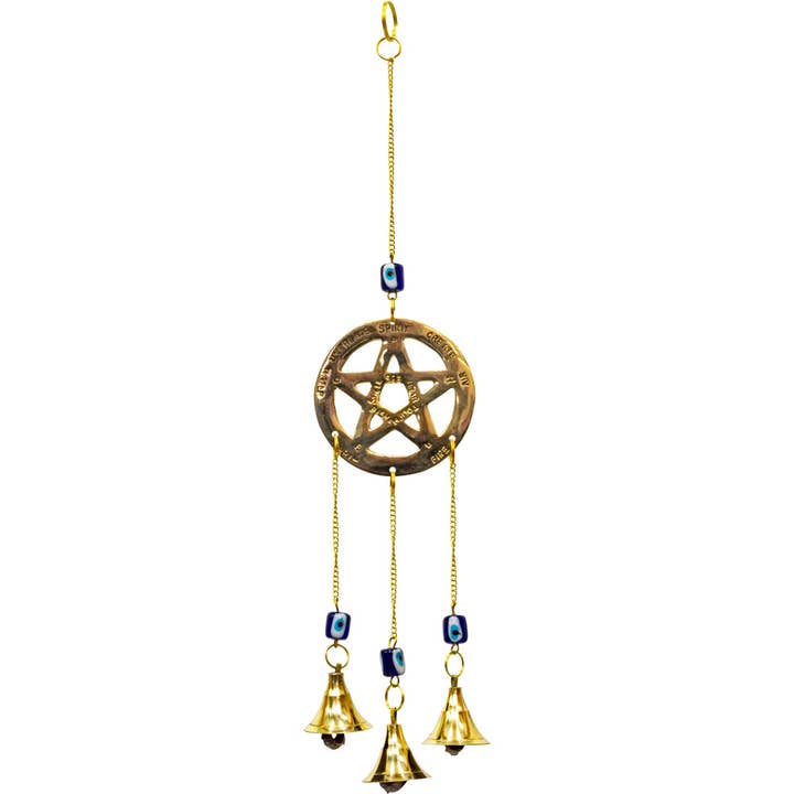 Brass Bell Chime - Pentacle w/ Evil Eye Beads (Each) for wholesale by Kheops International