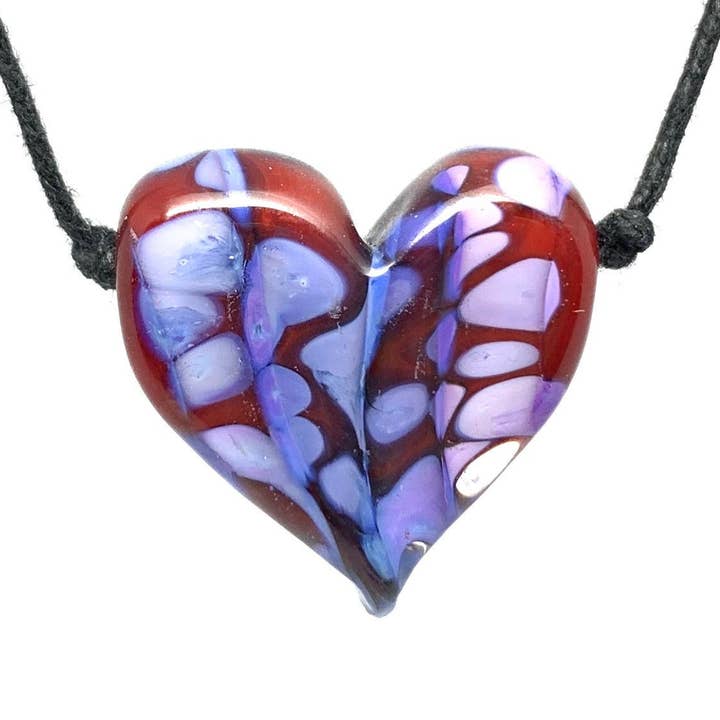 Ironwood Glassworks - Wholesale Pendant/Charm Necklace - Red + Purple Rose Confetti and Clear Glass Heart Necklace