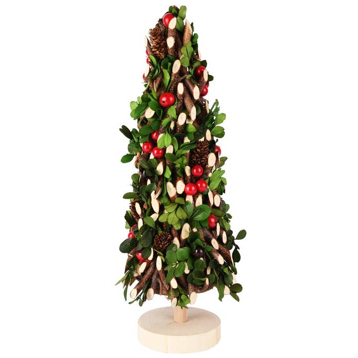 Kogle på fod m/træ/bær, rød/grøn/natur, 13x38cm for engroshandel hos Dekoratief