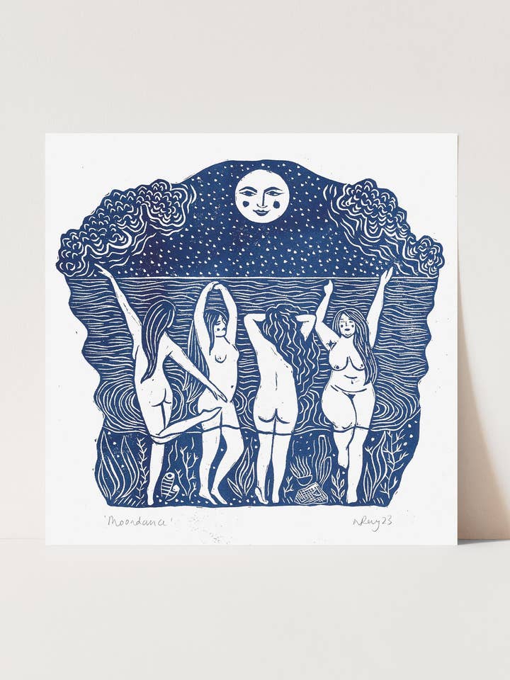 Moondance riso print, moon art, wild swimming, sea theme for wholesale by Prints by the Bay