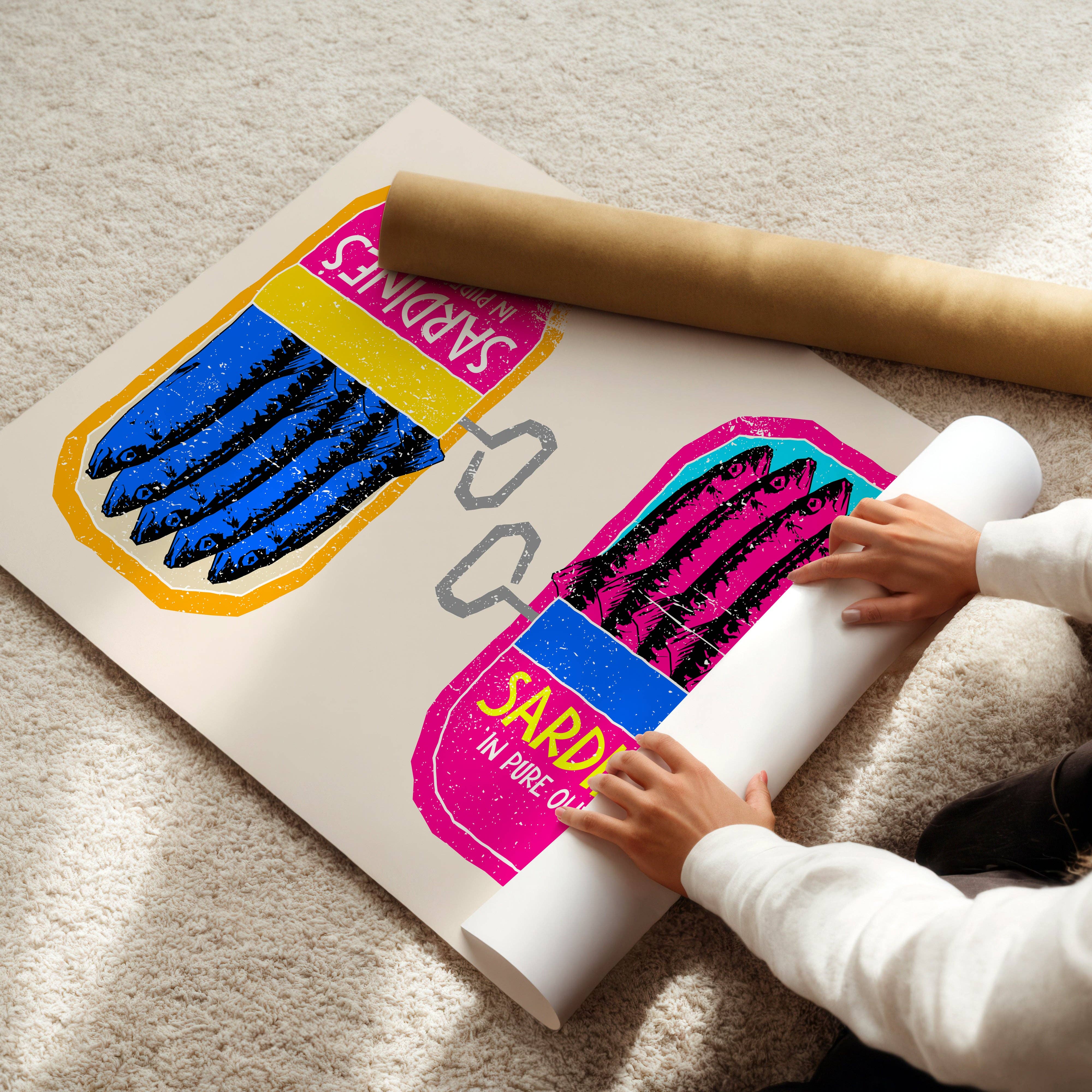 Pink Giraffe Print Co – wholesale Art print – Sardines Duo Linocut Dupe Print1