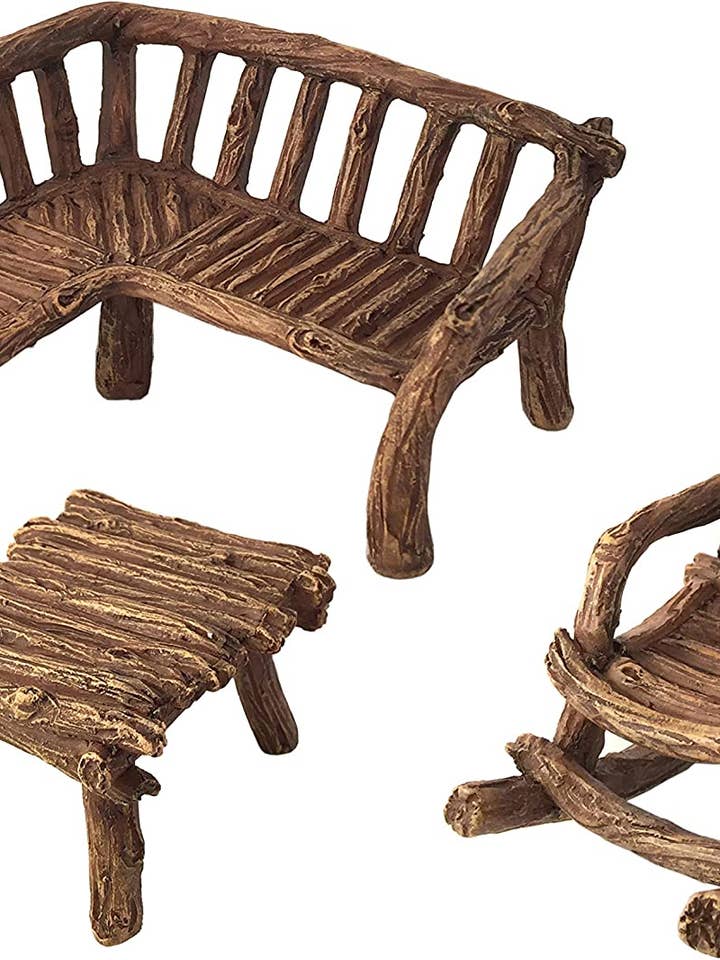 GlitZGlam Miniature Fairy Garden Rustic Furniture 3-Piece for wholesale by GlitZGlam