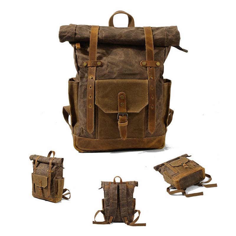 RockCow Leather Studio - Wholesale Backpack - Unisex - Wax Canvas With Full Grain Leather Travel Backpack Waterproof Waxed Canvas Laptop Rucksack Canvas Outdoor Backpack20