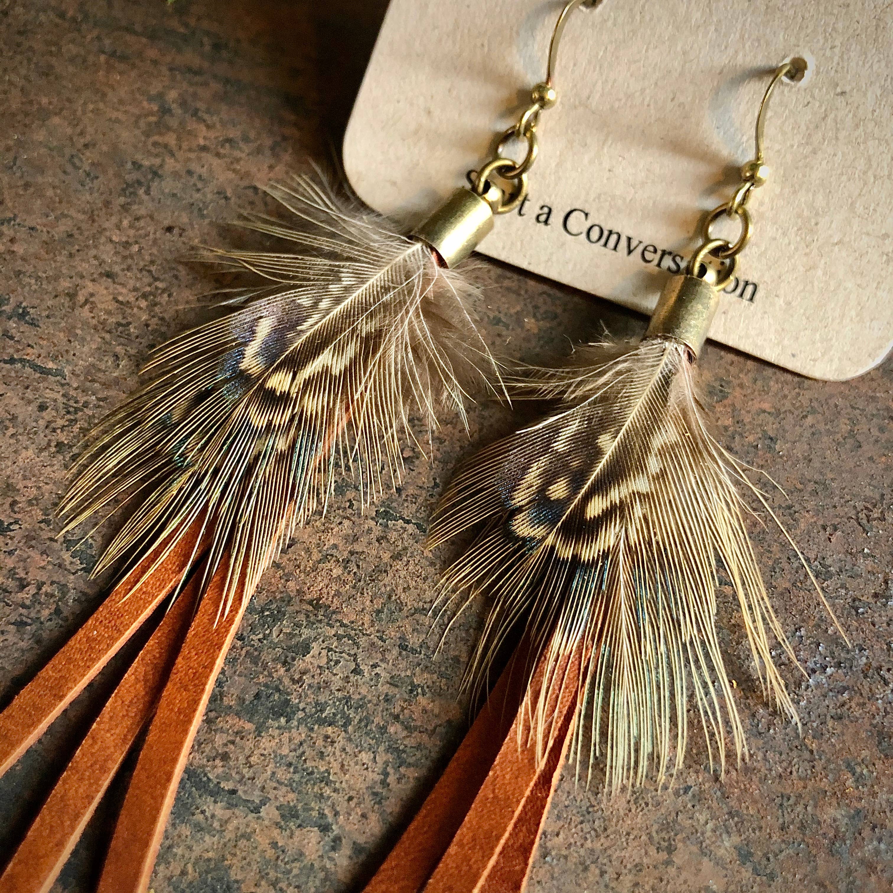 ASTALI – wholesale Tassel earrings – Feather Mini Earrings - Rust Leather & Pheasant Feathers9