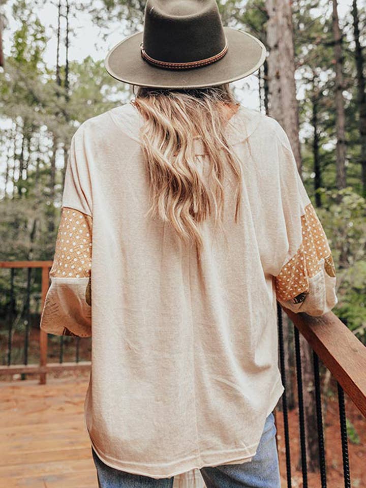 Jet Stream Palm Leaves Polka Dot Puff Sleeve Patchwork V Neck Loose Blouse for wholesale on Faire