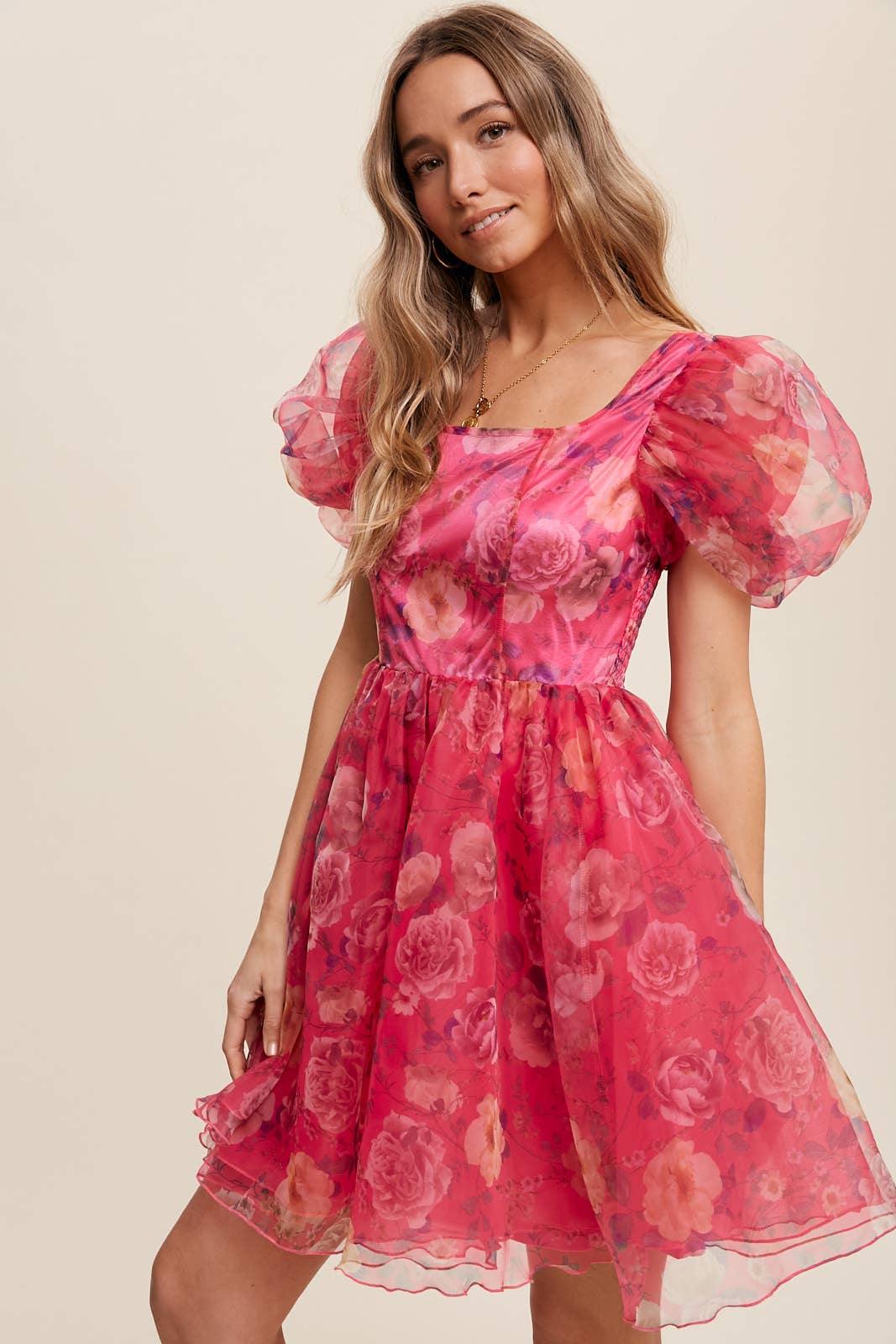 Listicle - Wholesale Dress - Women's - Floral Puff Sleeve Organza Mini Dress33