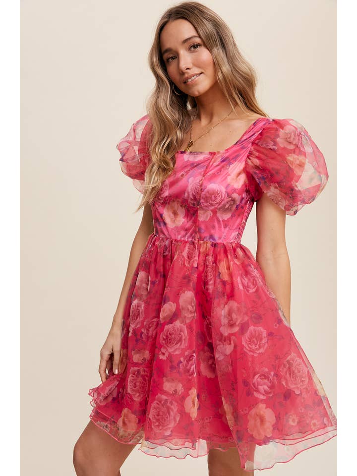 Listicle - Wholesale Dress - Women's - Floral Puff Sleeve Organza Mini Dress33