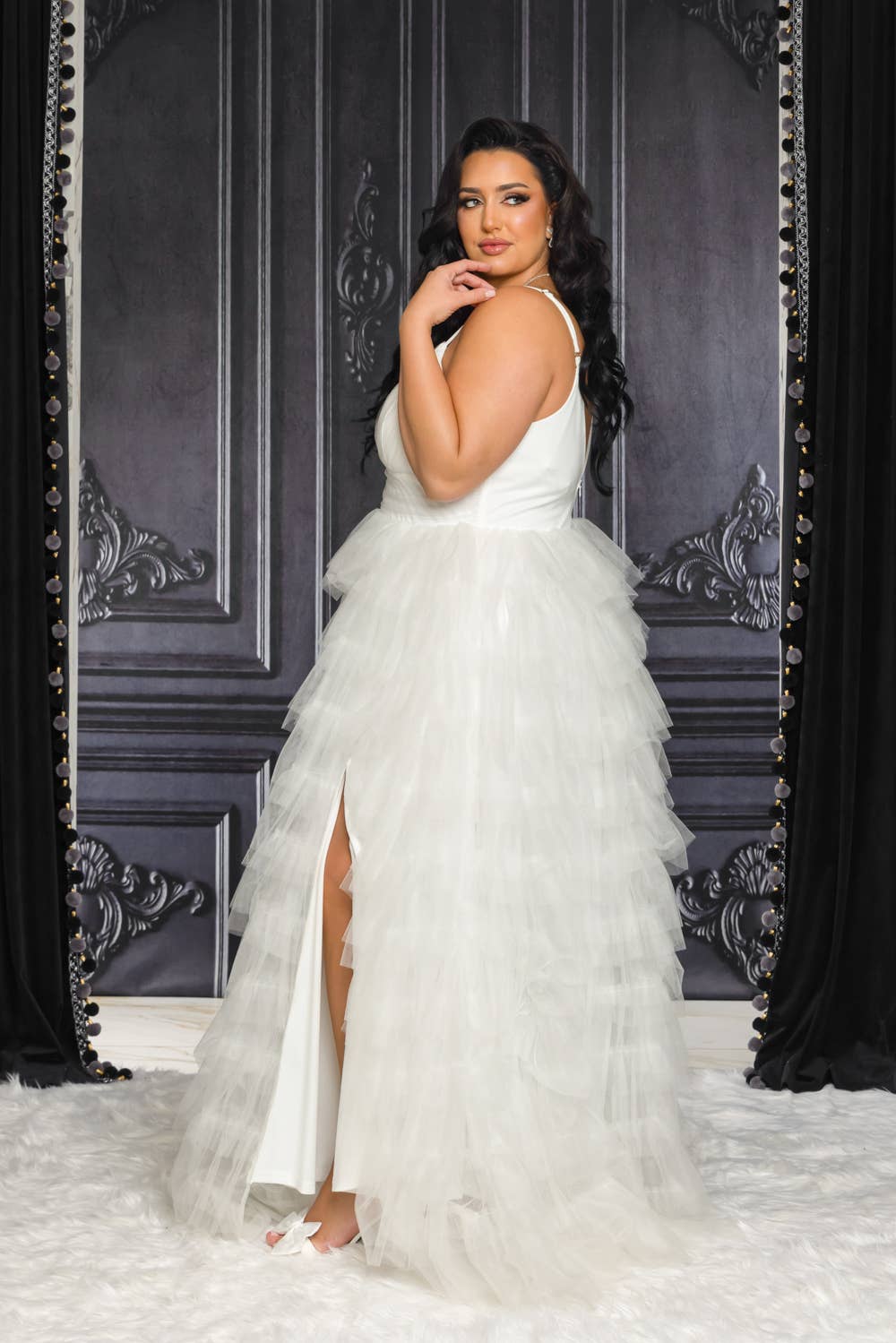 Blanc P9486- ROBE MAXI EN TULLE BLANC GRANDE TAILLE en vente sur Faire4