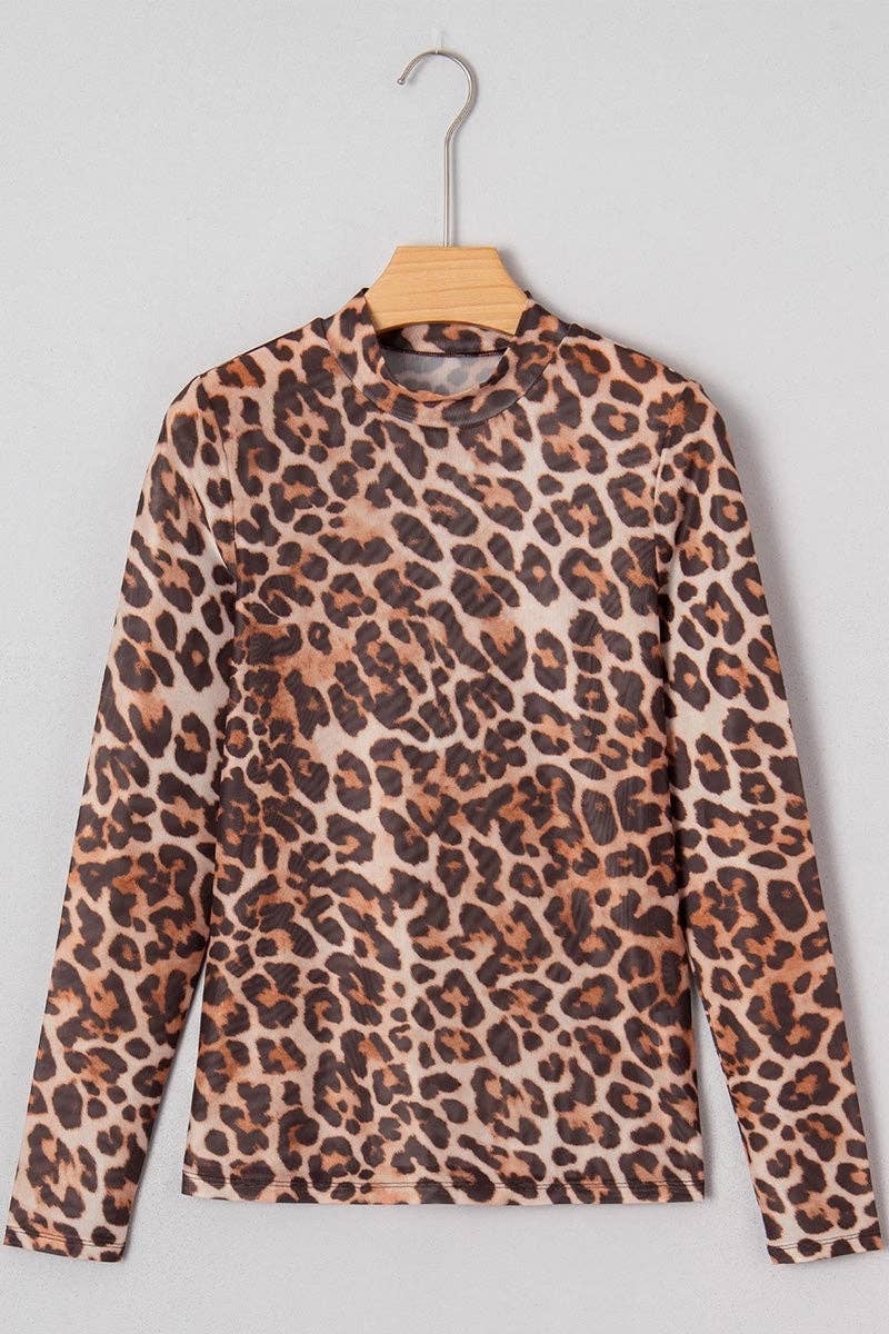BROWN Leopard Print Mock Neck Mesh Top for wholesale on Faire2
