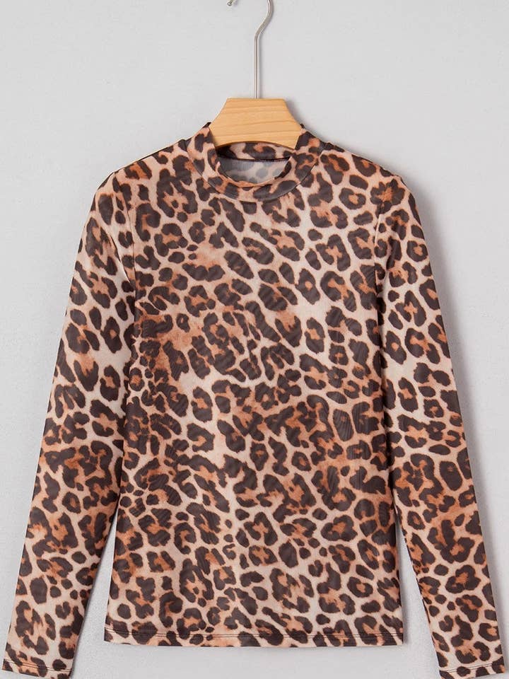 BROWN Leopard Print Mock Neck Mesh Top for wholesale on Faire2