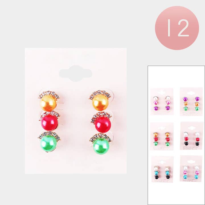 12 set di 3 orecchini a bottone rotondi con perle colorate per la vendita all'ingrosso da parte di Sensibling Corp.