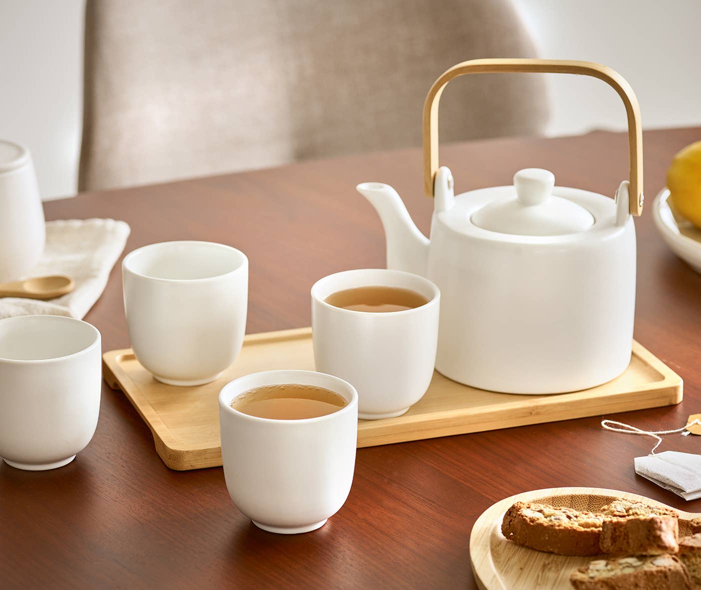 Zeller Present - Vendita all'ingrosso Teiere - Set da tè, 6 pezzi, gres/bambù, bianco 100% FSC1
