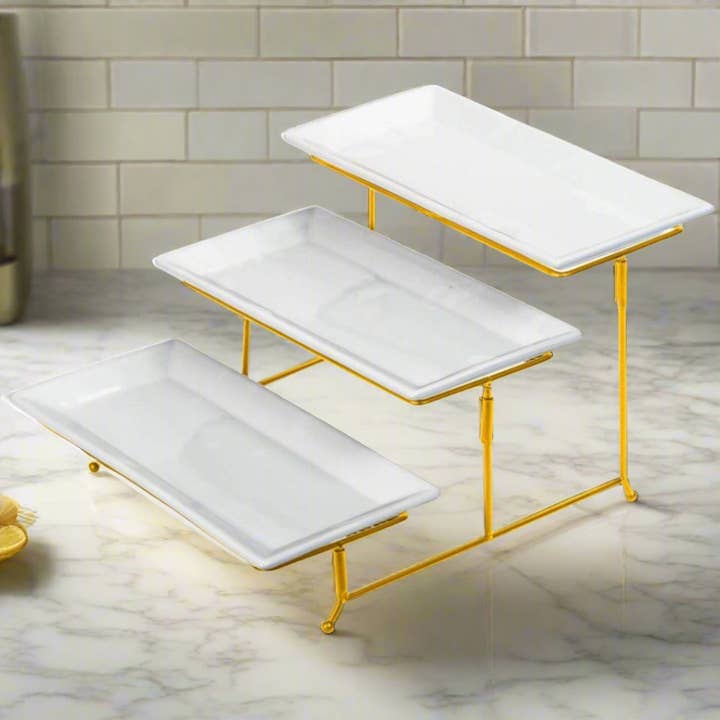 Lexi Home - Wholesale Platter - 3-Tier Rectangular Serving Platter - Gold Cupcake Tray Stand