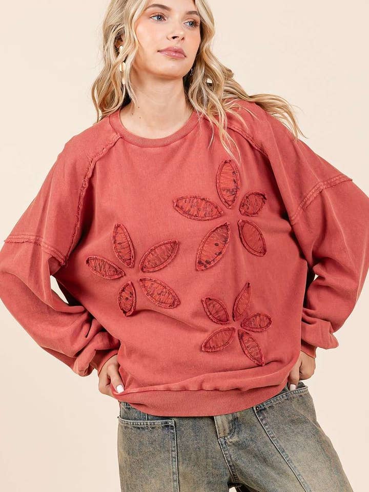 mittoshop - Wholesale Sweatshirt - Women's - VINTAGE TEXTILE FLOWER PATCH MINERAL WASH PULLOVER