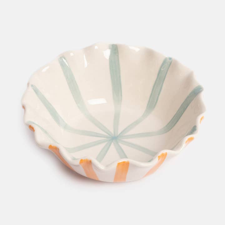 Orange/Blue Inside & Outside Stripe Frilly Bowl for wholesale by Caroline Gardner