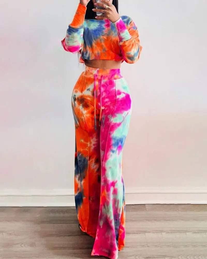 MULTICOLOR tie dye print top drawstring flared pants set for wholesale on Faire1
